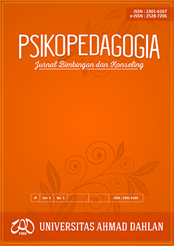 PSIKOPEDAGOGIA Jurnal Bimbingan dan Konseling ISSN 2301-6167 (print) | 2528-7206 (online) Published by Universitas Ahmad Dahlan in collaboration with Association of Guidance Counseling Study Program, ALPTKPTM, Indonesia Address: Kampus 2, Universitas Ahmad Dahlan Jln. Pramuka No. 42, Sidikan, Umbulharjo, Yogyakarta 55161, Indonesia Telp. +62 274-563515 ext. 2134 Email: psikopedagogia@journal.uad.ac.id